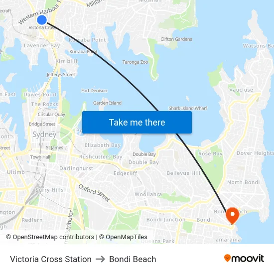 Victoria Cross Station to Bondi Beach map