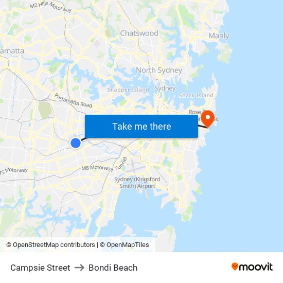 Campsie Street to Bondi Beach map