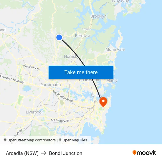 Arcadia (NSW) to Bondi Junction map