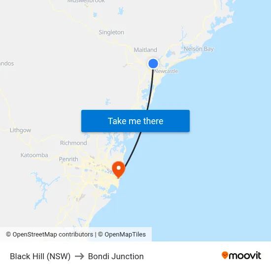 Black Hill (NSW) to Bondi Junction map