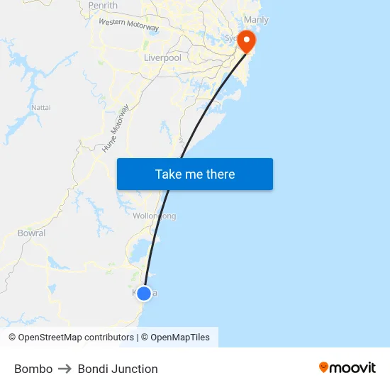 Bombo to Bondi Junction map