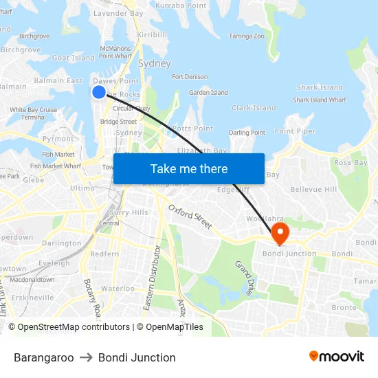 Barangaroo to Bondi Junction map