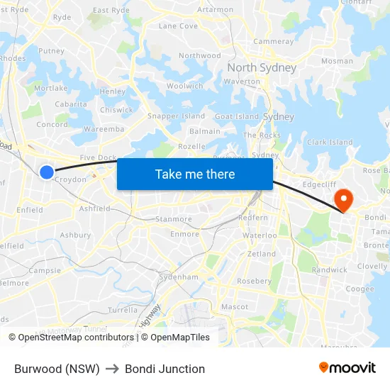 Burwood (NSW) to Bondi Junction map