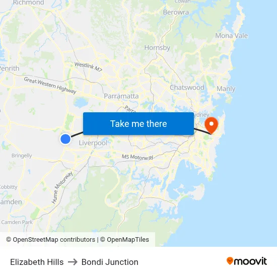 Elizabeth Hills to Bondi Junction map
