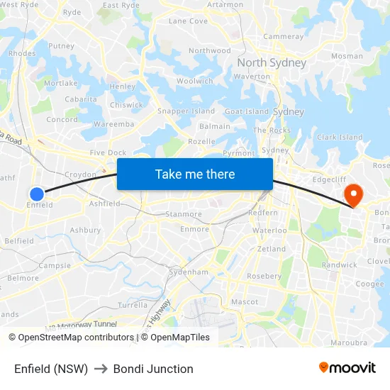 Enfield (NSW) to Bondi Junction map