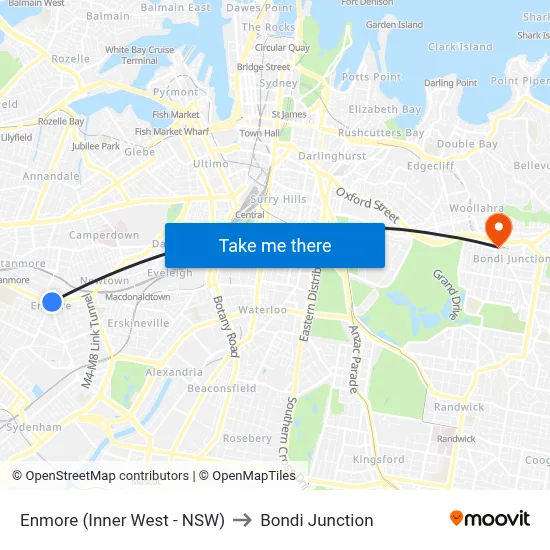 Enmore (Inner West - NSW) to Bondi Junction map