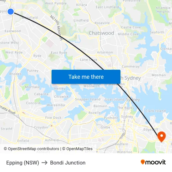 Epping (NSW) to Bondi Junction map