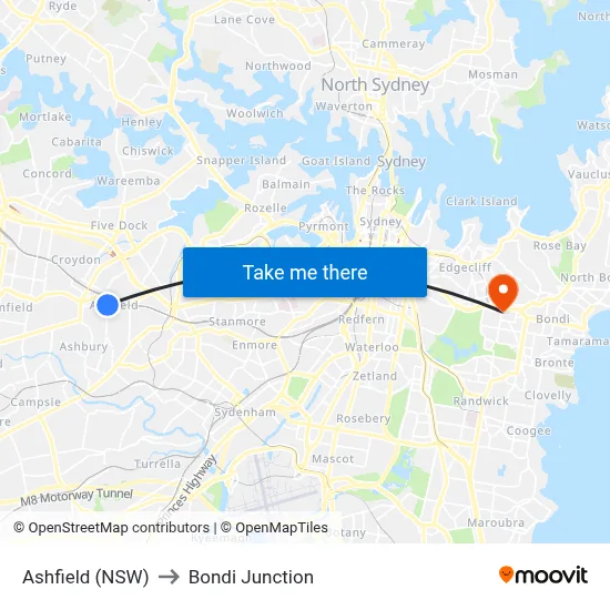 Ashfield (NSW) to Bondi Junction map