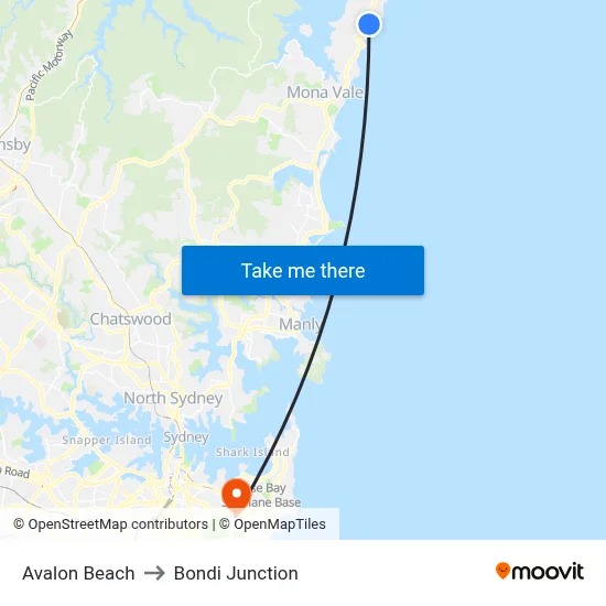 Avalon Beach to Bondi Junction map
