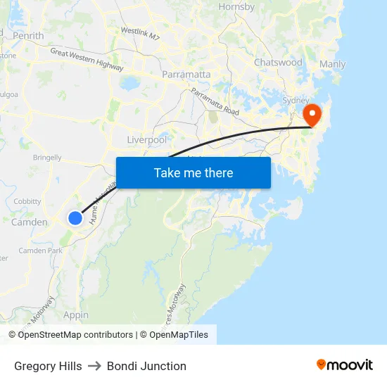 Gregory Hills to Bondi Junction map