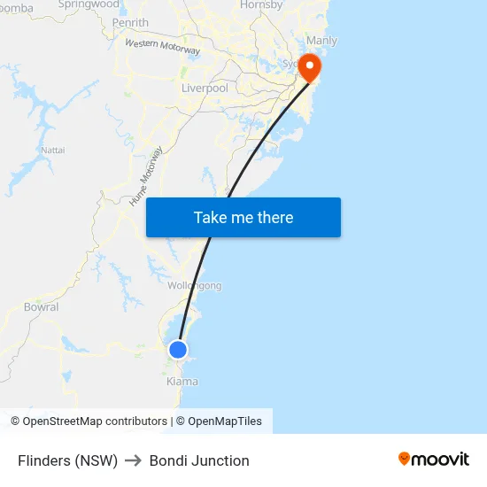 Flinders (NSW) to Bondi Junction map