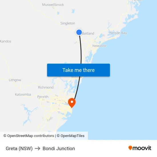 Greta (NSW) to Bondi Junction map