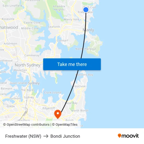 Freshwater (NSW) to Bondi Junction map