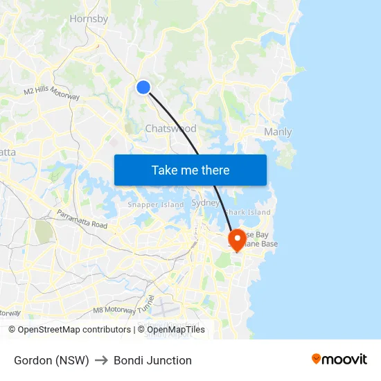 Gordon (NSW) to Bondi Junction map