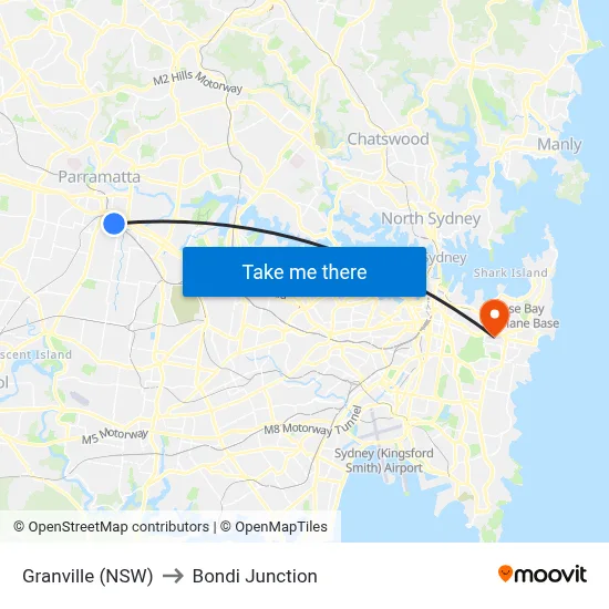 Granville (NSW) to Bondi Junction map