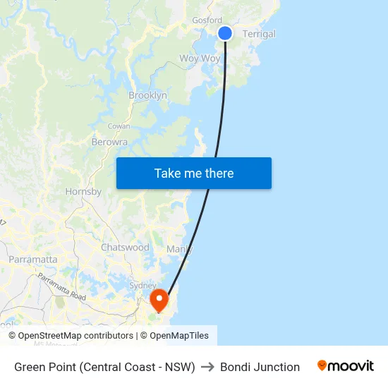 Green Point (Central Coast - NSW) to Bondi Junction map