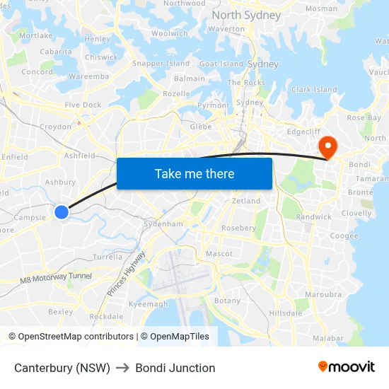 Canterbury (NSW) to Bondi Junction map