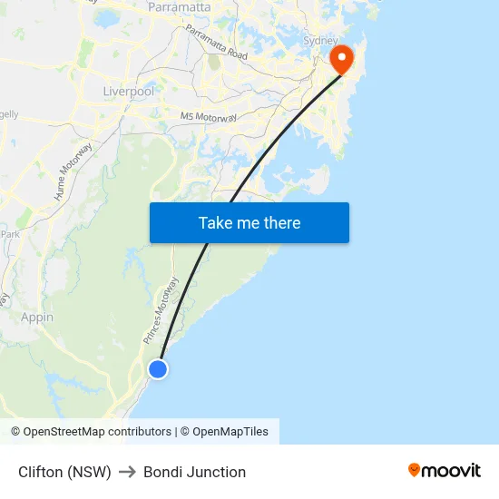 Clifton (NSW) to Bondi Junction map