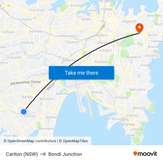 Carlton (NSW) to Bondi Junction map
