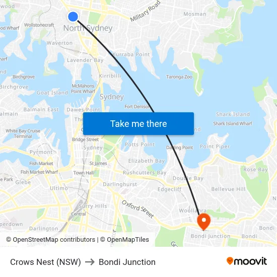 Crows Nest (NSW) to Bondi Junction map