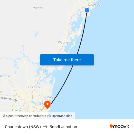 Charlestown (NSW) to Bondi Junction map