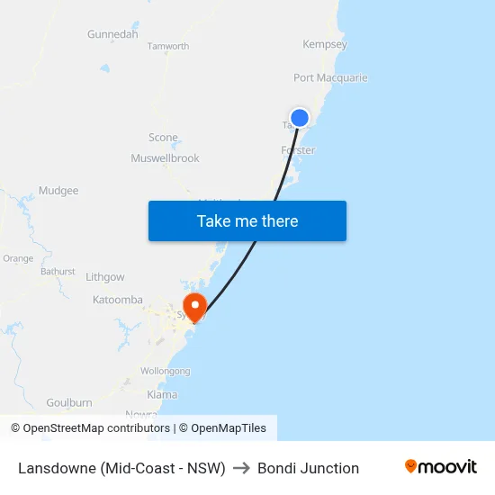 Lansdowne (Mid-Coast - NSW) to Bondi Junction map