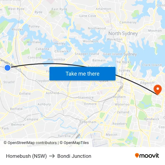 Homebush (NSW) to Bondi Junction map