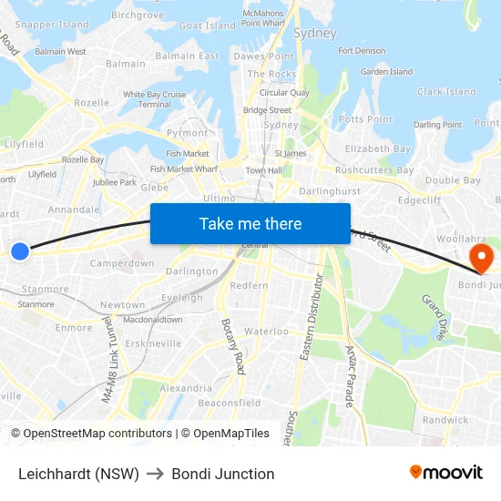 Leichhardt (NSW) to Bondi Junction map