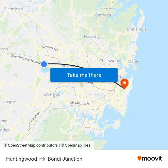 Huntingwood to Bondi Junction map