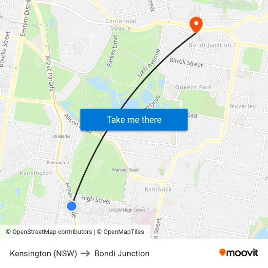 Kensington (NSW) to Bondi Junction map