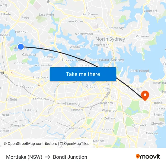 Mortlake (NSW) to Bondi Junction map