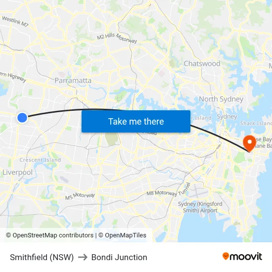 Smithfield (NSW) to Bondi Junction map