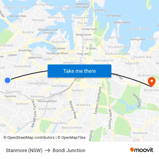 Stanmore (NSW) to Bondi Junction map