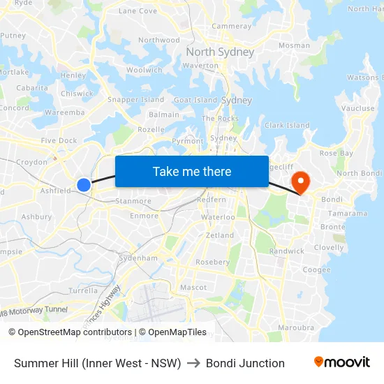 Summer Hill (Inner West - NSW) to Bondi Junction map