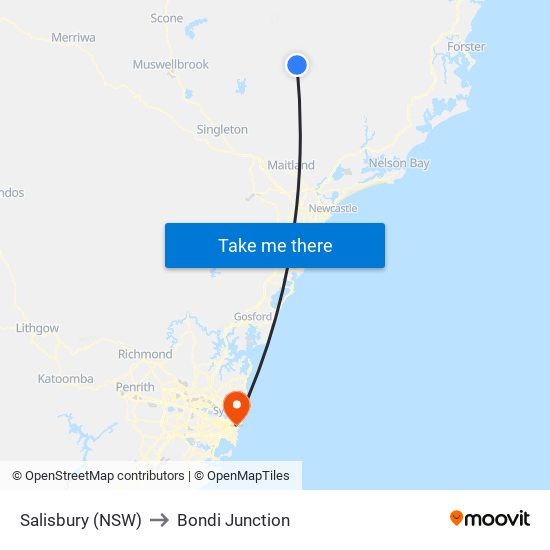 Salisbury (NSW) to Bondi Junction map