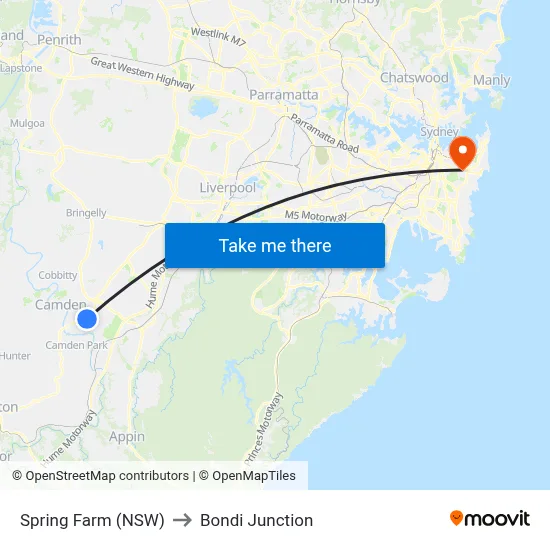 Spring Farm (NSW) to Bondi Junction map
