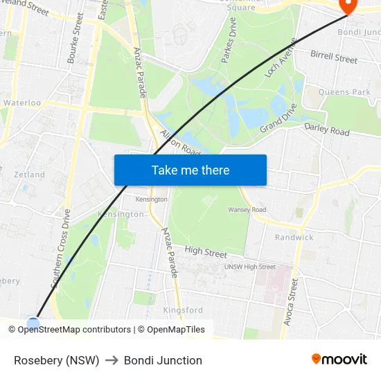 Rosebery (NSW) to Bondi Junction map