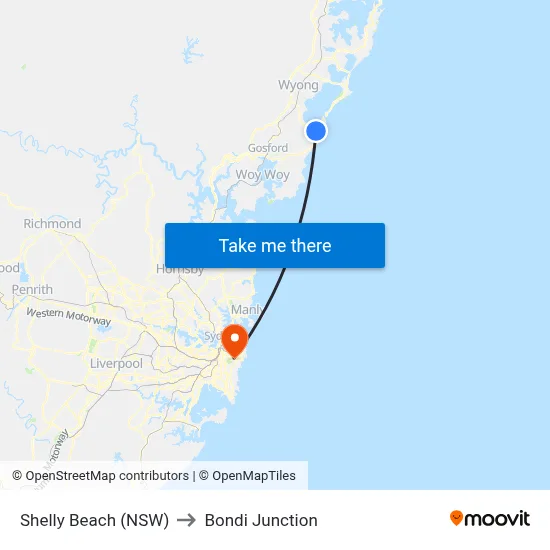 Shelly Beach (NSW) to Bondi Junction map