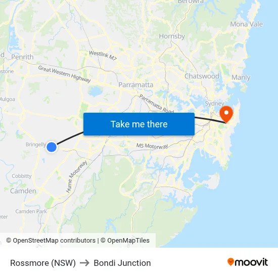 Rossmore (NSW) to Bondi Junction map