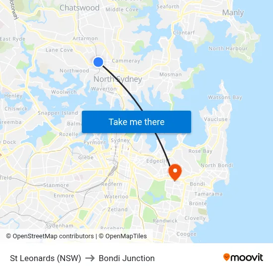 St Leonards (NSW) to Bondi Junction map