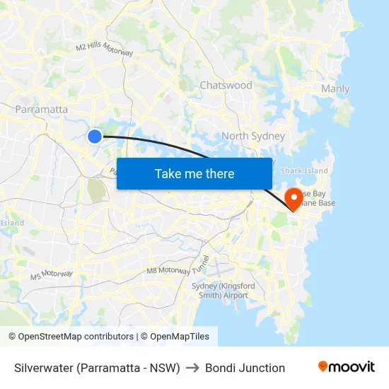 Silverwater (Parramatta - NSW) to Bondi Junction map