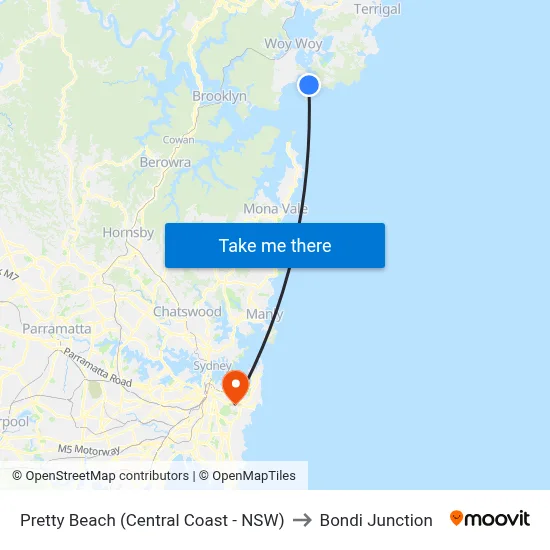 Pretty Beach (Central Coast - NSW) to Bondi Junction map