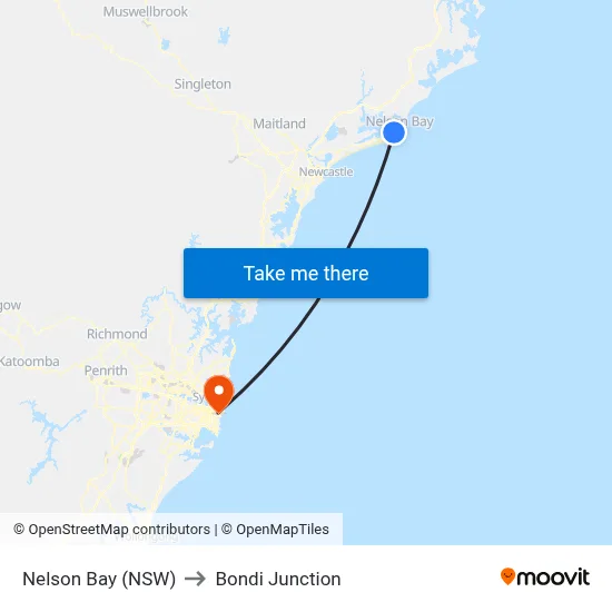 Nelson Bay (NSW) to Bondi Junction map