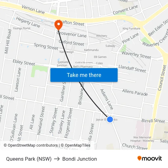 Queens Park (NSW) to Bondi Junction map