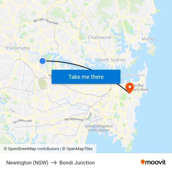 Newington (NSW) to Bondi Junction map
