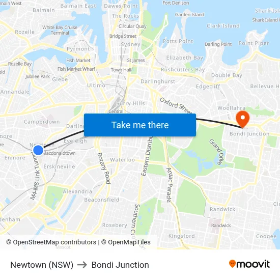 Newtown (NSW) to Bondi Junction map