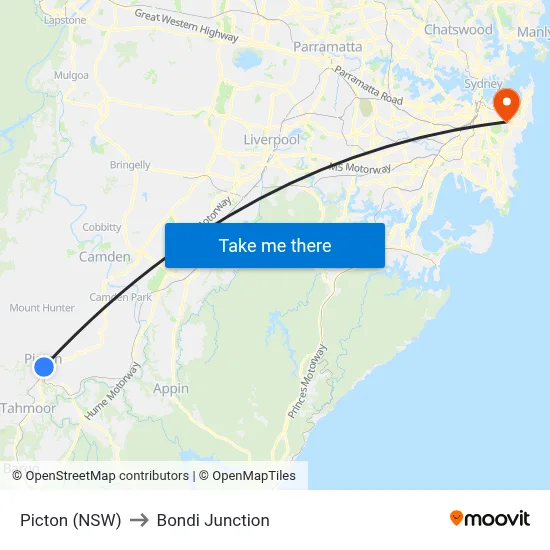 Picton (NSW) to Bondi Junction map
