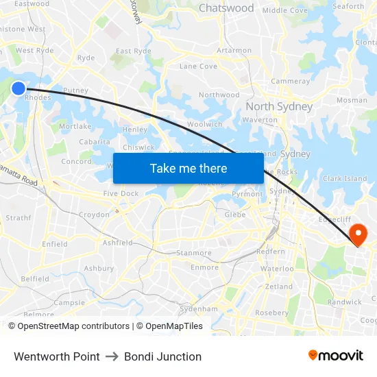 Wentworth Point to Bondi Junction map