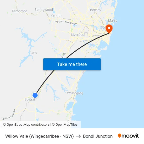 Willow Vale (Wingecarribee - NSW) to Bondi Junction map