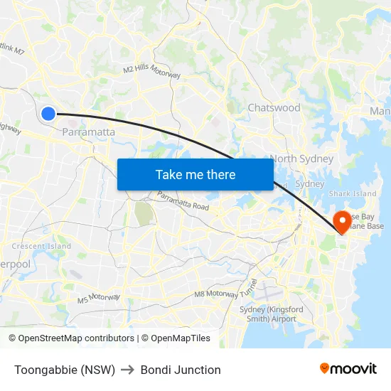 Toongabbie (NSW) to Bondi Junction map